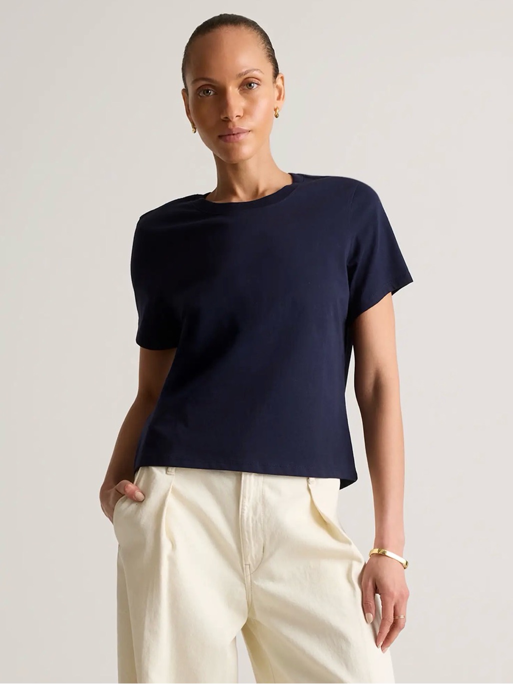 Quince Organic Cotton Boxy Tee Womens Large Navy Crew Neck Minimalist Essential